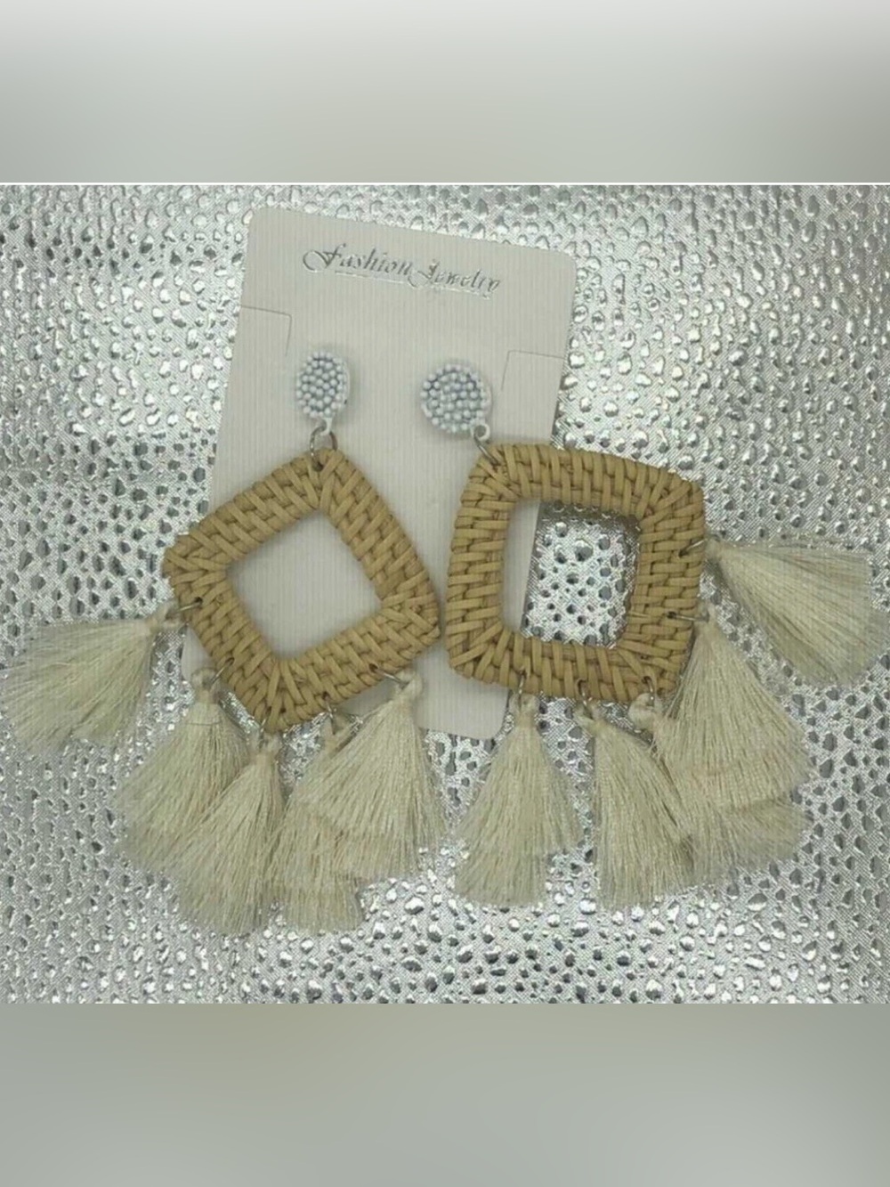 Bohemian Fashion Jewelry Earrings Rattan Tassel Dangle Cream Beige Fashion Style